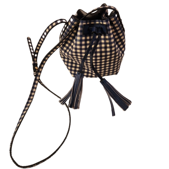 J Crew gingham blue bucket 100% leather shoulder crossbody bag - Picture 2 of 14